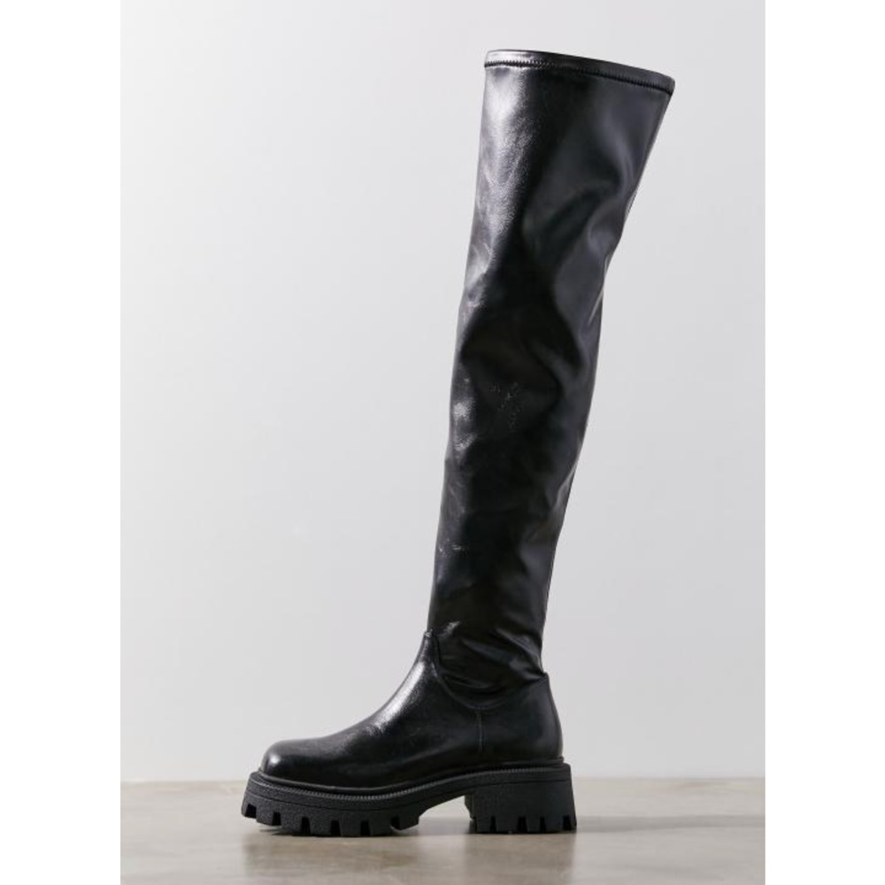URBAN OUTFITTERS Culver Over The Knee Boot Black Patent Chunky Lug Sole Black